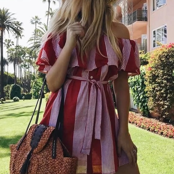 Faithfull the Brand Amalfi Rust-Red Striped Off-Shoulder Mini Dress • Size S - Picture 5 of 14